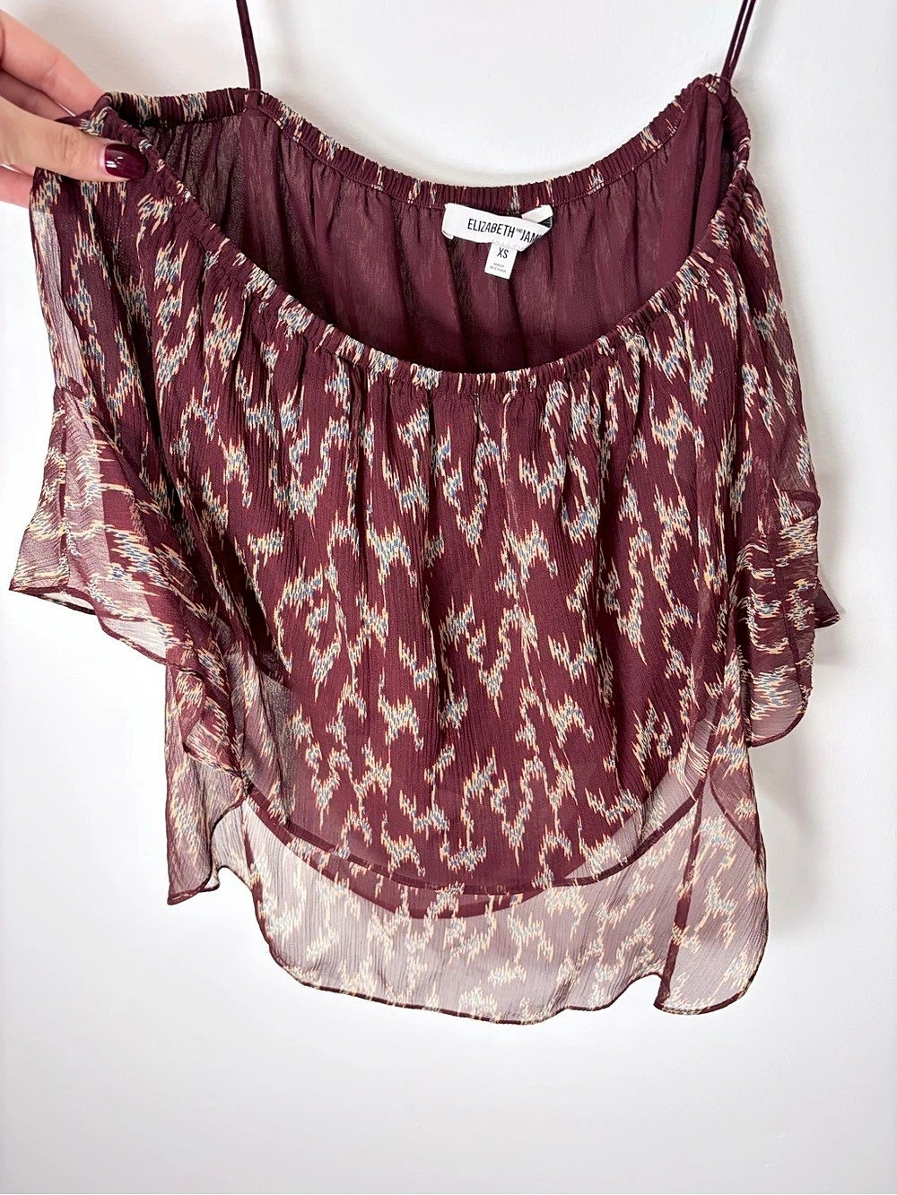 Elizabeth and James Burgundy Ikat Silk Off Shoulder Crop Top XS